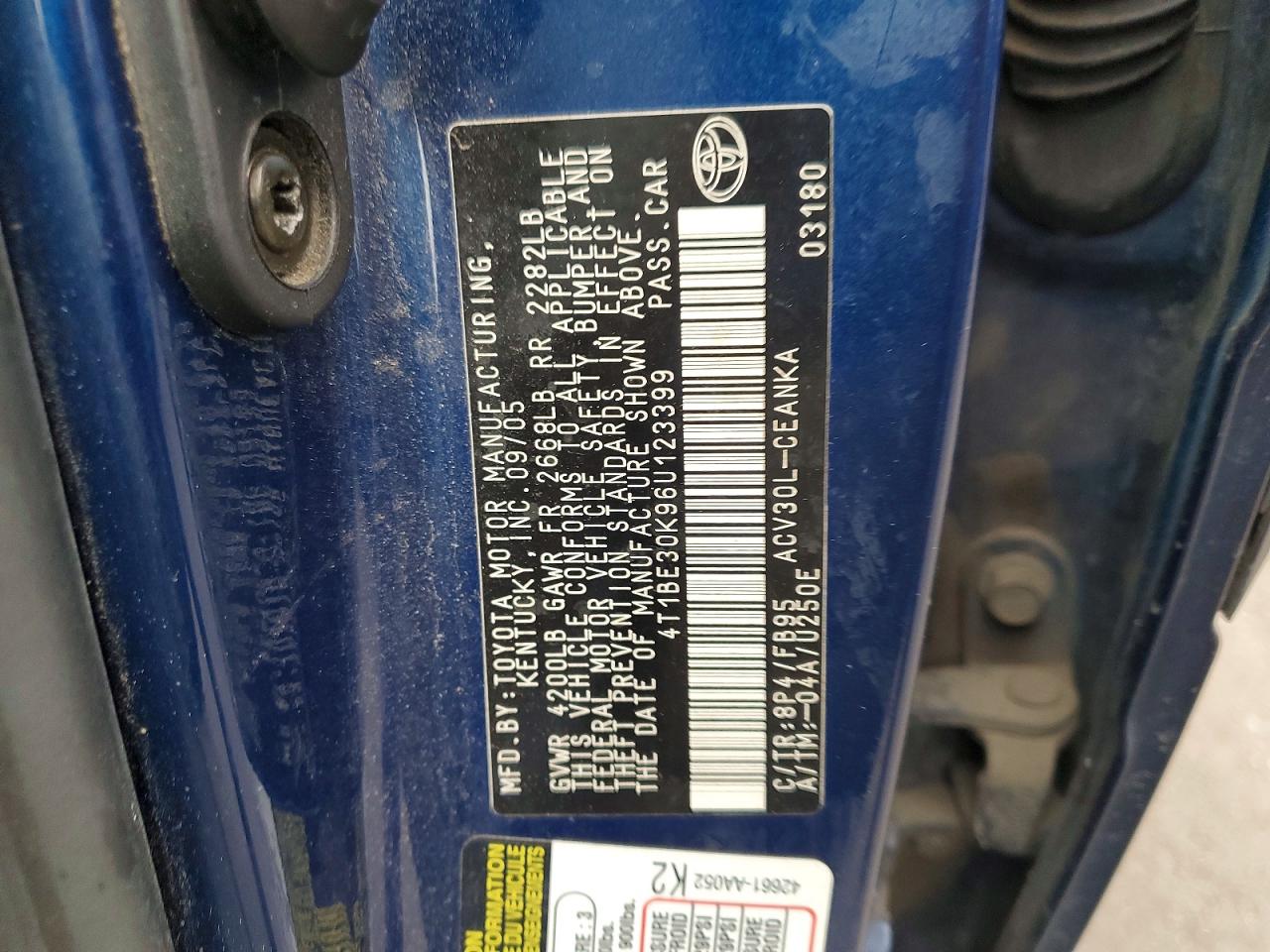 2006 TOYT Camry VIN 4T1BE30K96U123399 photo 12