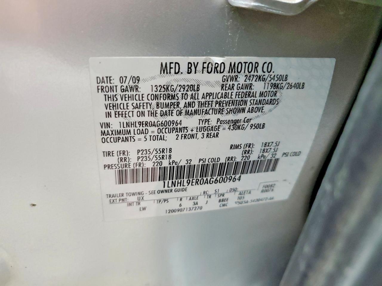 2010 Lincoln Mks VIN 1LNHL9ER0AG600964 photo 12