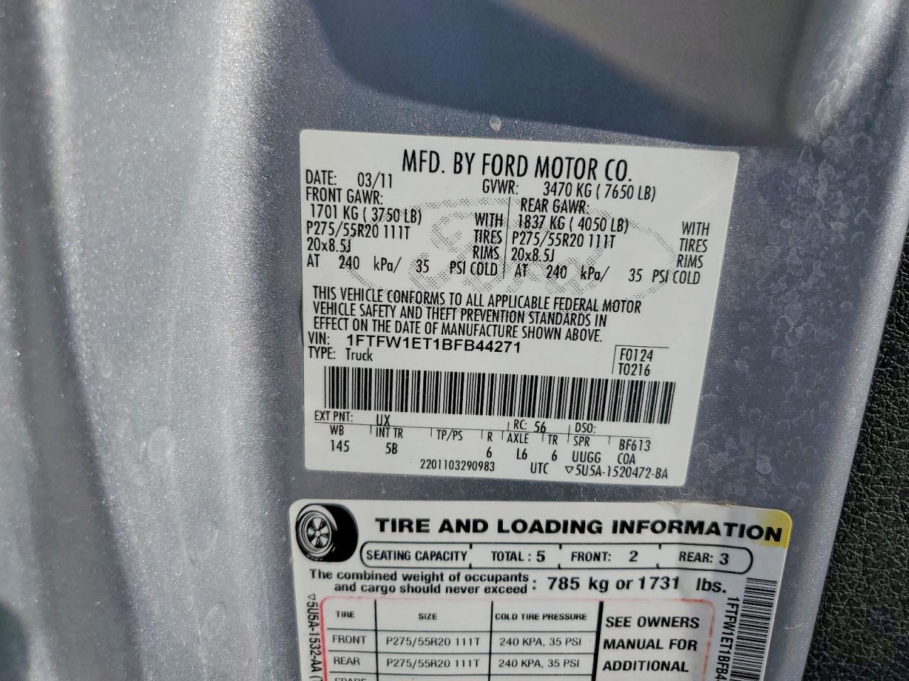 2011 Ford F150 VIN 1FTFW1ET1BFB44271 photo 12