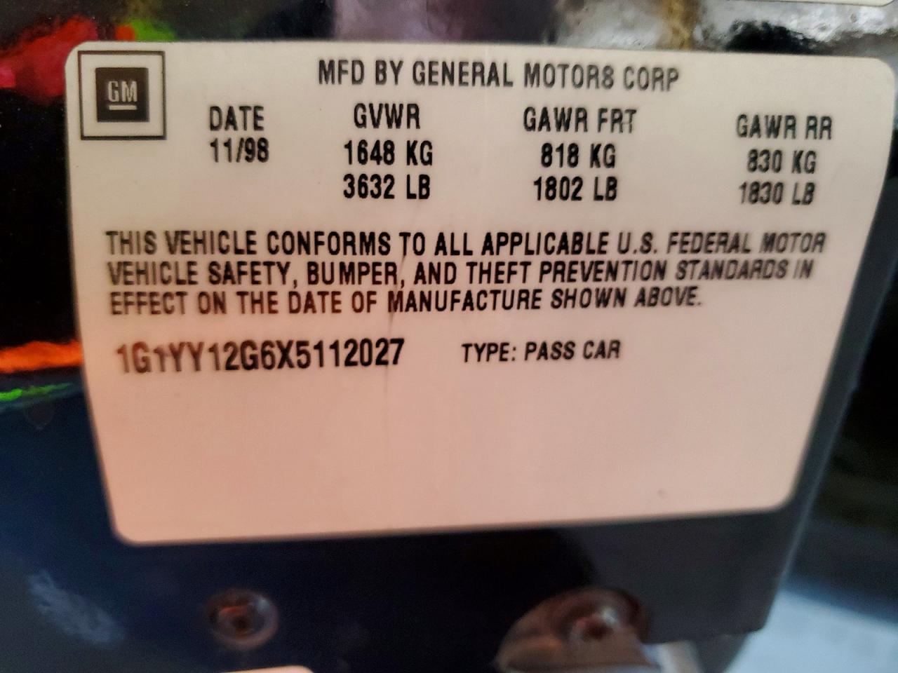1999 CHEV Corvette VIN 1G1YY12G6X5112027 photo 12