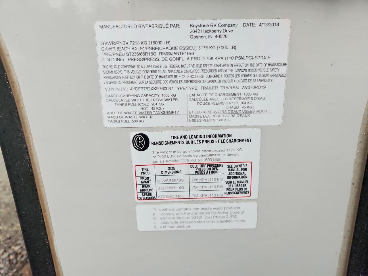 2019 KEYSTONE Avalanche VIN 4YDF3762XKE760037 photo 10