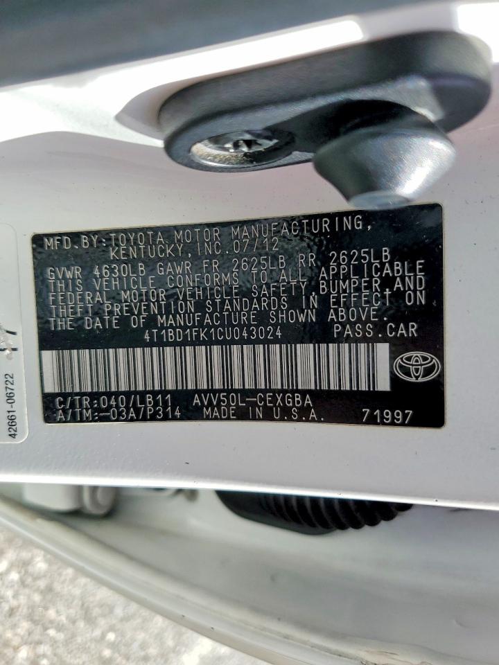 2012 Toyota Camry sola VIN 4T1BD1FK1CU043024 photo 12