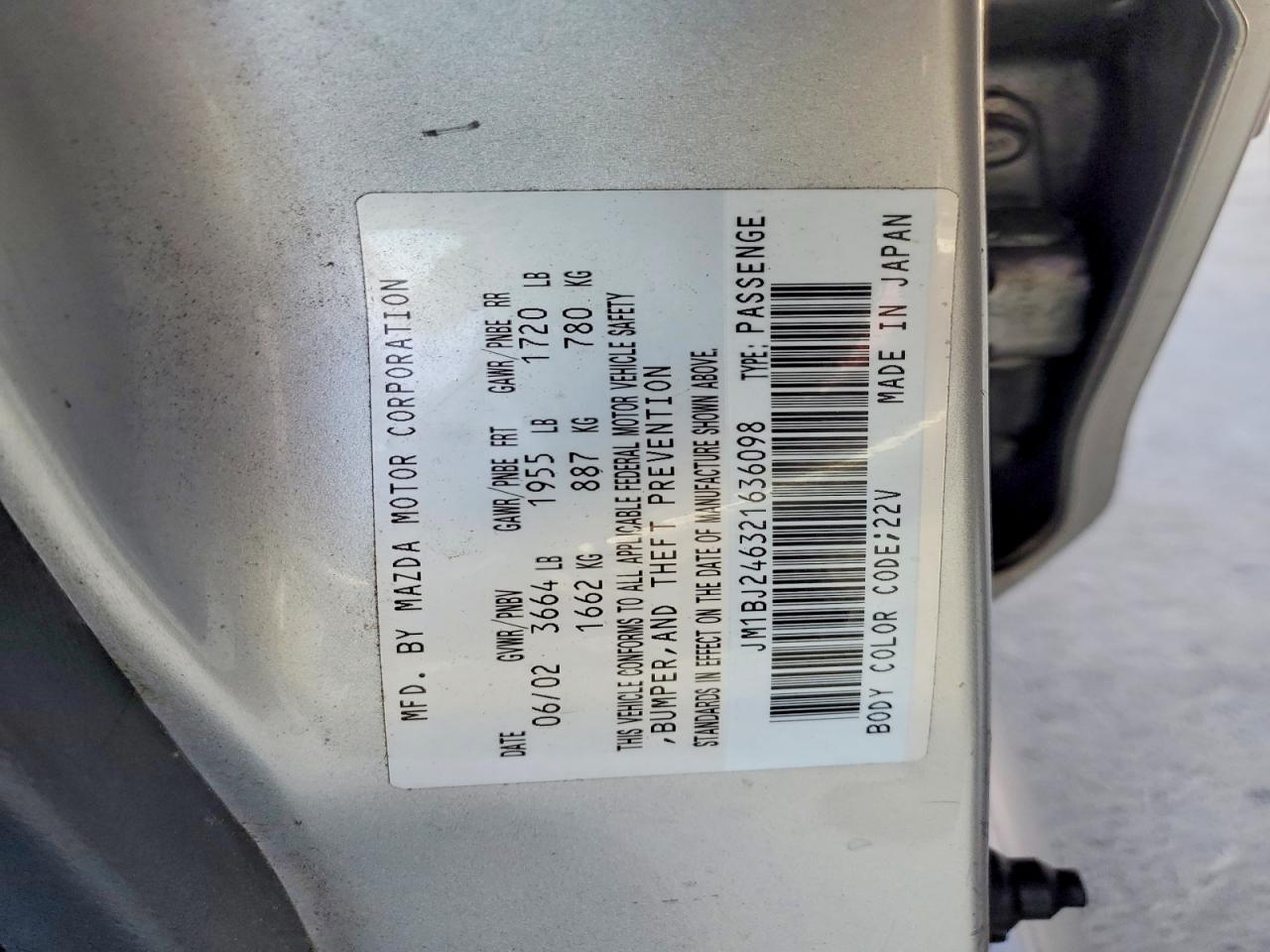2002 Mazda Protege VIN JM1BJ246321636098 photo 12