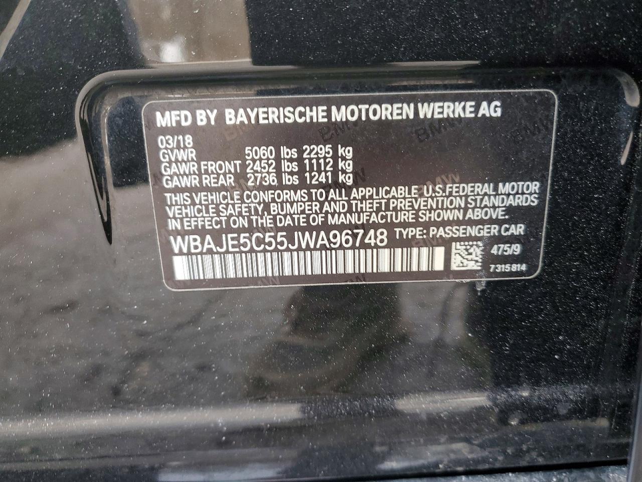 2018 BMW 5 series VIN WBAJE5C55JWA96748 photo 12