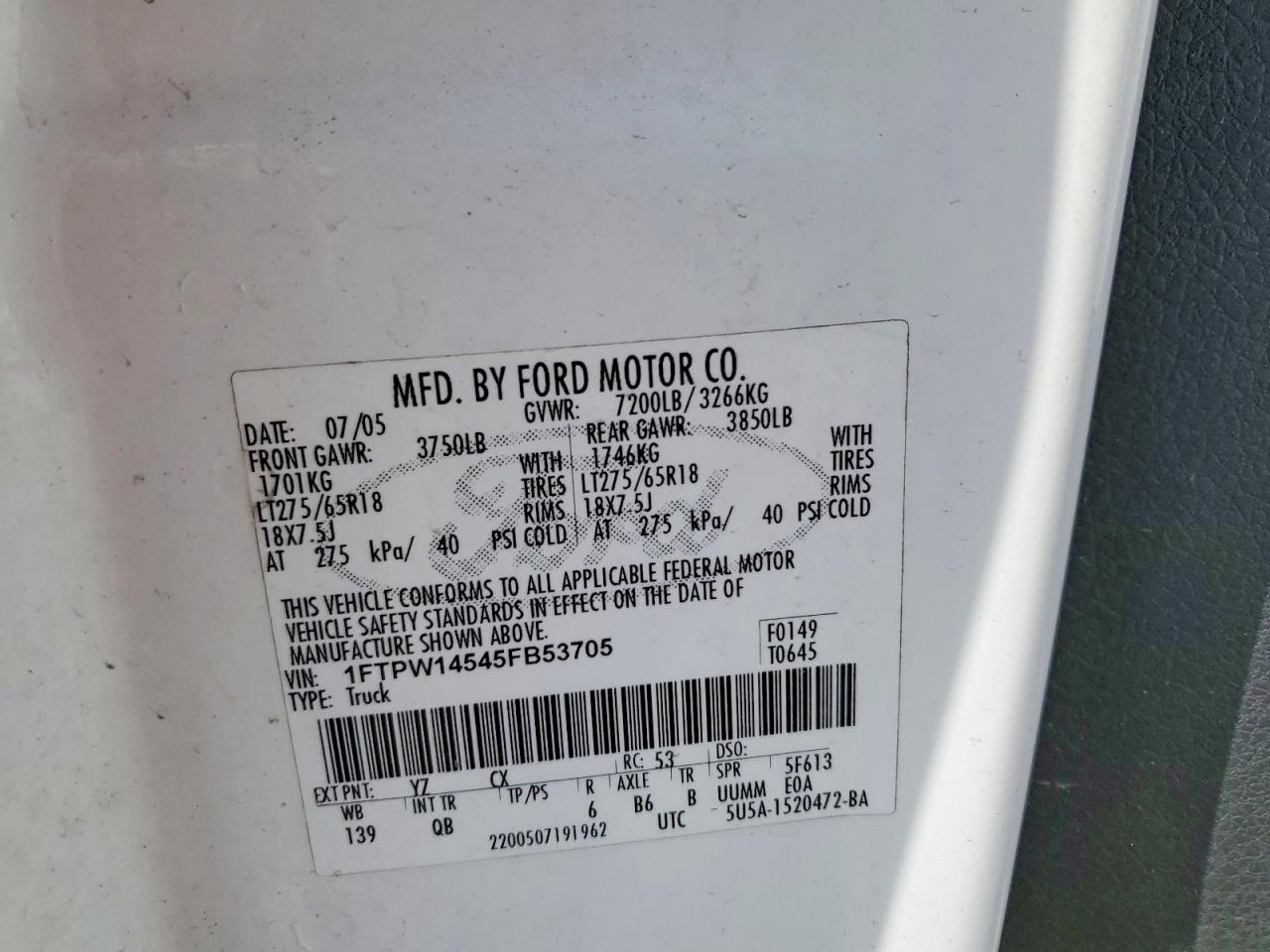 2005 Ford F150 VIN 1FTPW14545FB53705 photo 12