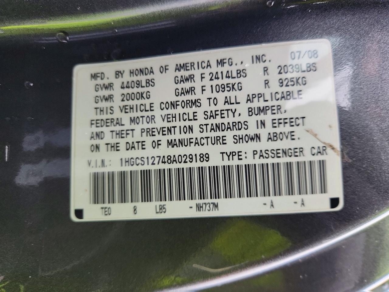 2008 Accord VIN 1HGCS12748A029189 photo 12