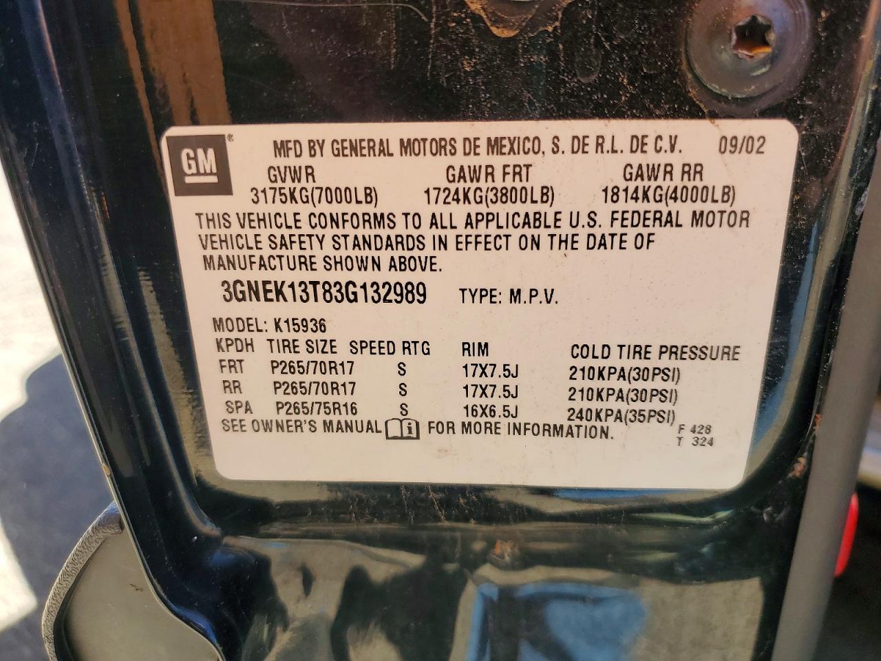 2003 CHEVROLET Avalanche VIN 3GNEK13T83G132989 photo 12