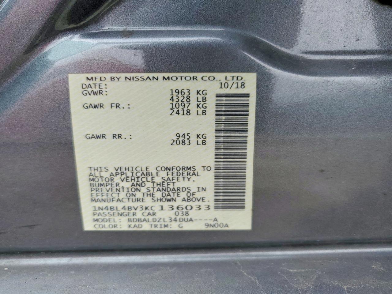 2019 Nissan Altima VIN 1N4BL4BV3KC136033 photo 12
