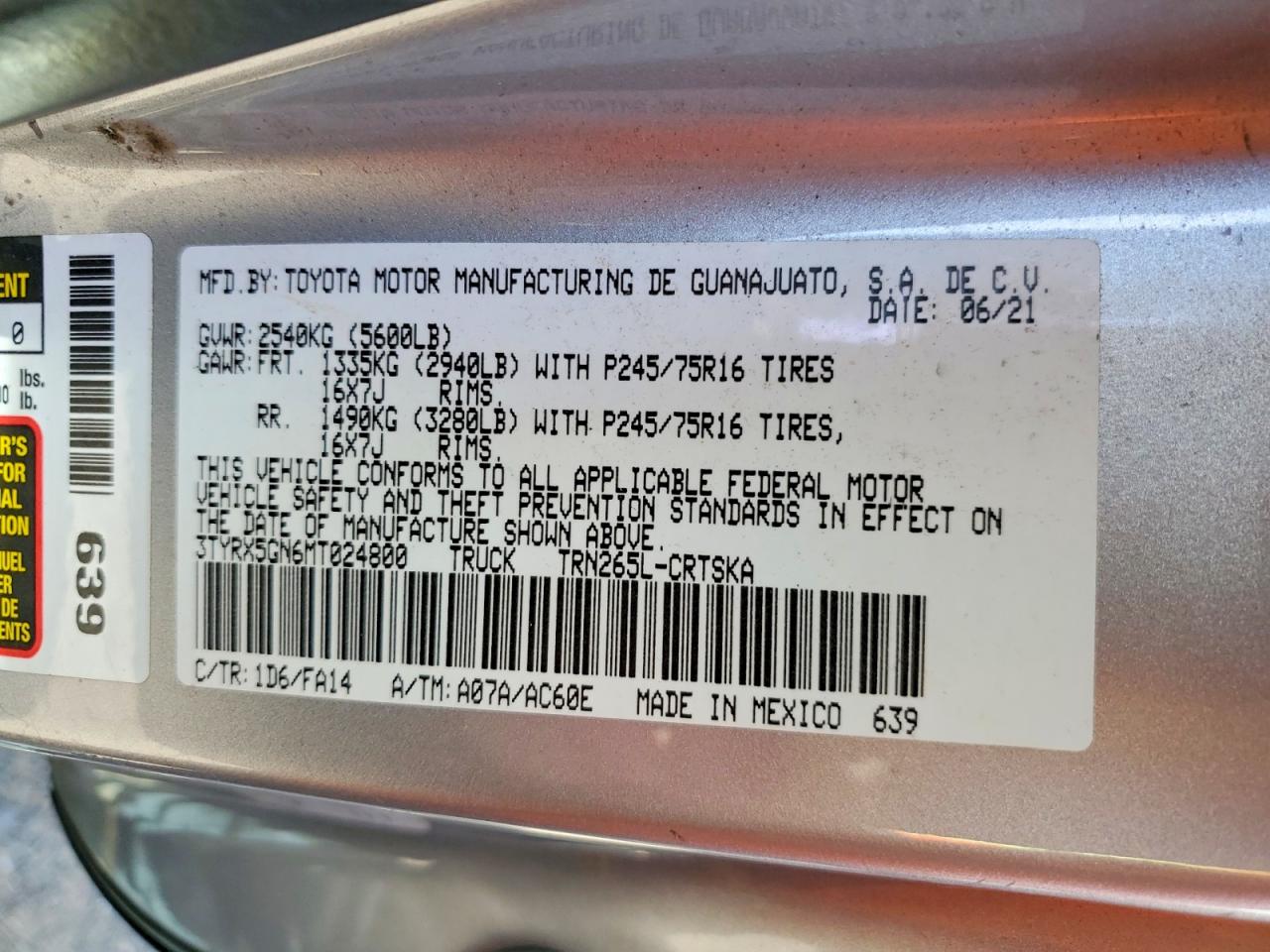 2021 Toyota Tacoma sr VIN 3TYRX5GN6MT024800 photo 12