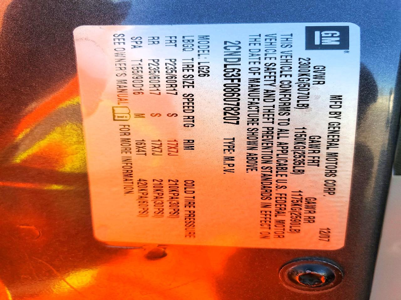 2008 Chevrolet Equinox VIN 2CNDL63F086078207 photo 12