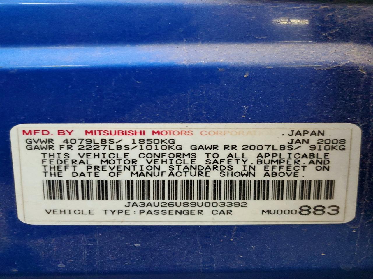 2009 Mitsubishi Lancer VIN JA3AU26U89U003392 photo 12
