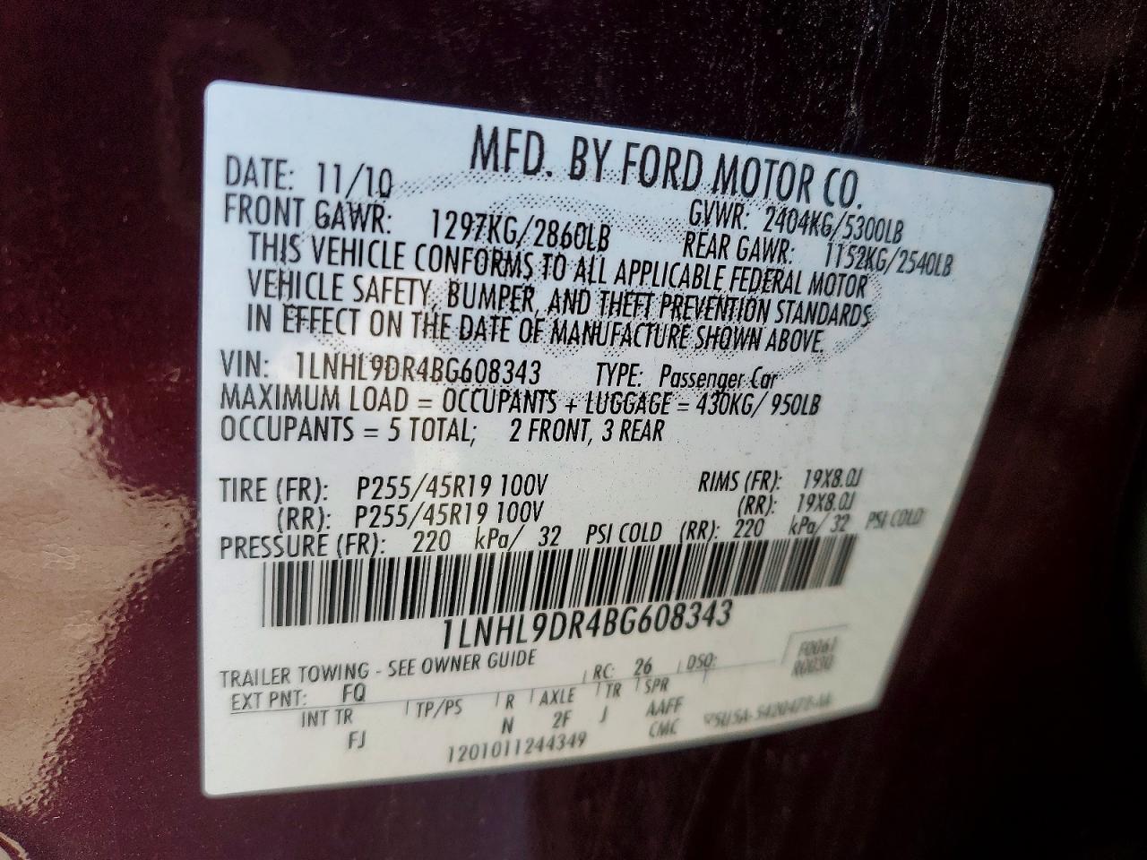 2011 LINCOLN Mks VIN 1LNHL9DR4BG608343 photo 12
