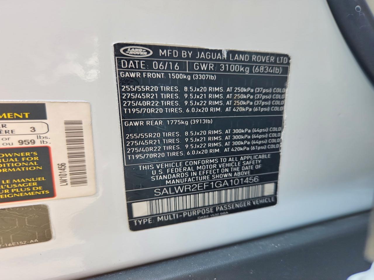 2016 Land Rangerover VIN SALWR2EF1GA101456 photo 12