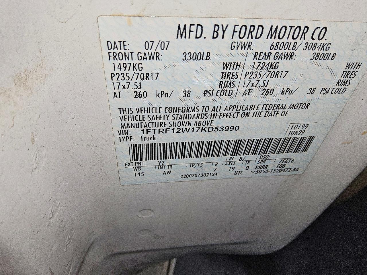 2007 Ford F150 VIN 1FTRF12W17KD53990 photo 12
