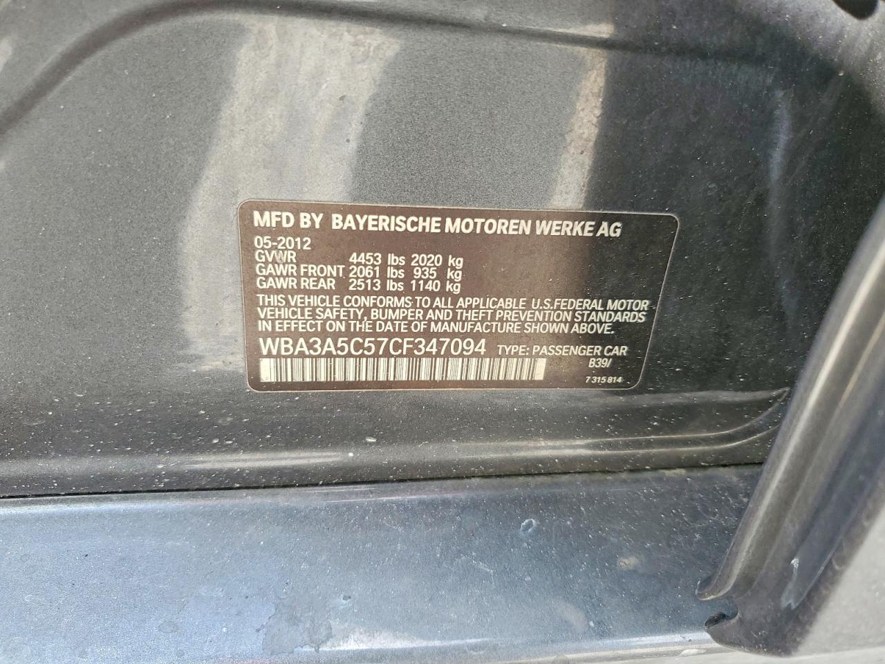 2012 BMW 3 series VIN WBA3A5C57CF347094 photo 12