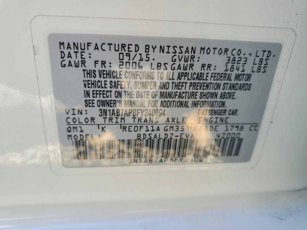 2015 Niss Sentra VIN 3N1AB7AP8FY340694 photo 12