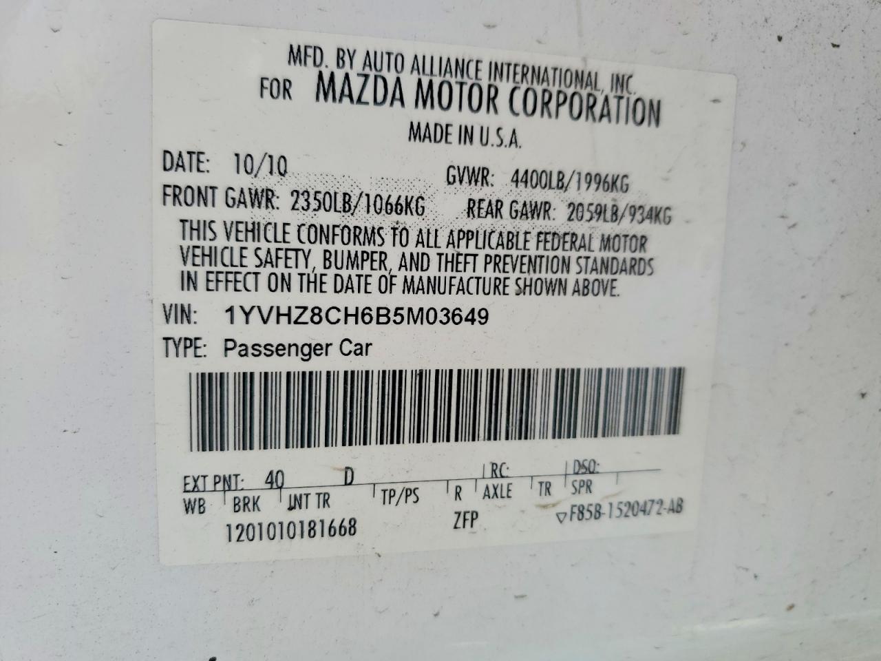 2011 Mazda 6 VIN 1YVHZ8CH6B5M03649 photo 12