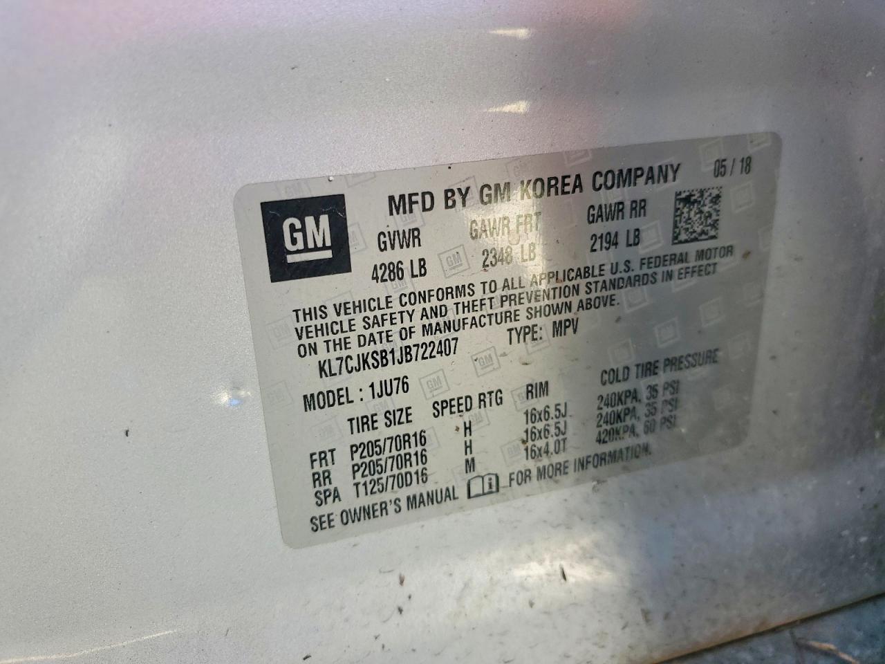 2018 Chev Trax VIN KL7CJKSB1JB722407 photo 12