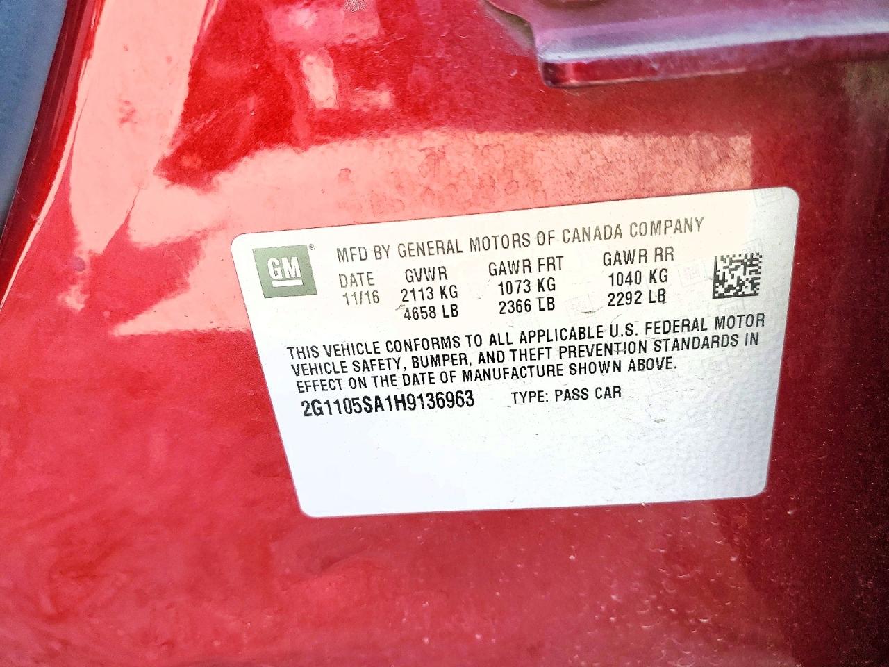 2017 Chev Impala VIN 2G1105SA1H9136963 photo 12