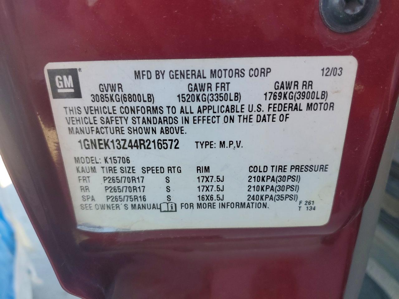 2004 CHEV Tahoe VIN 1GNEK13Z44R216572 photo 12