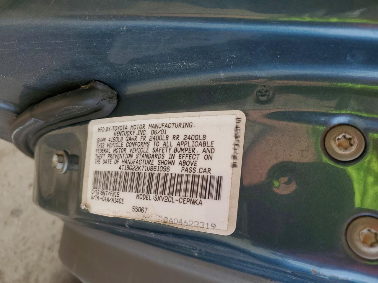 2001 TOYT Camry VIN 4T1BG22K71U861096 photo 12