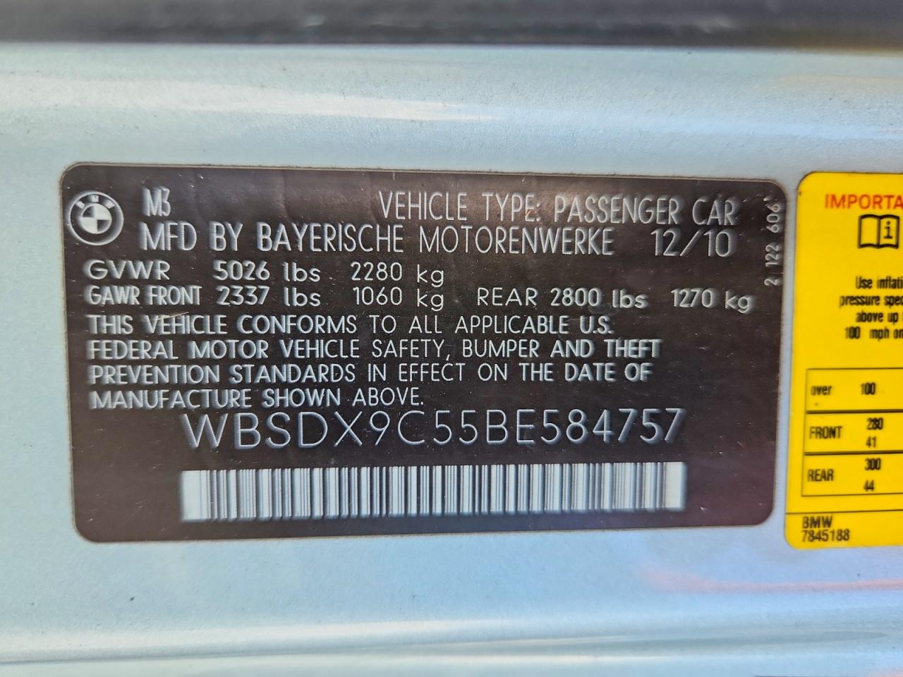 2011 BMW M3 VIN WBSDX9C55BE584757 photo 12