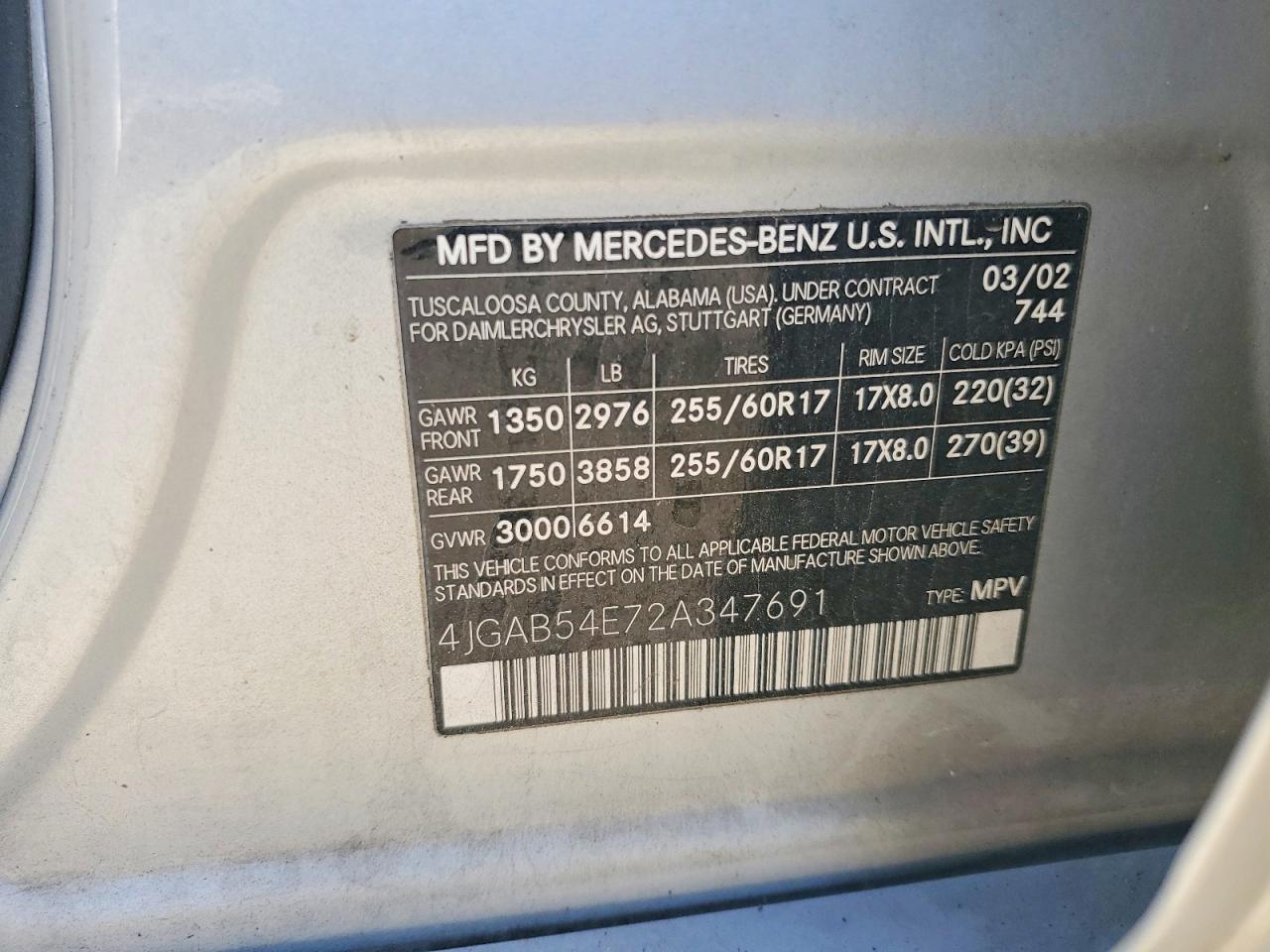 2002 Mercedes M-class VIN 4JGAB54E72A347691 photo 12