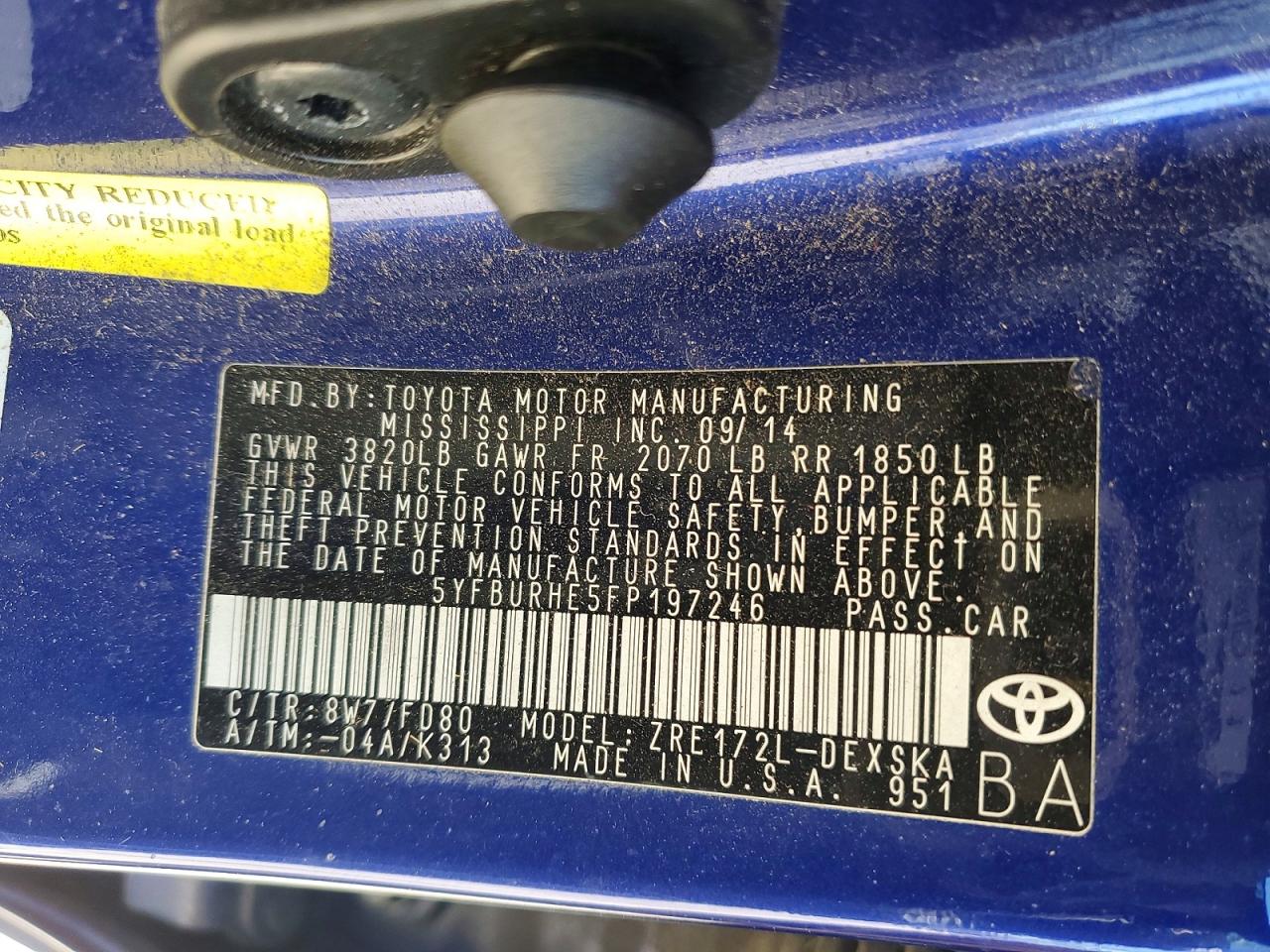 2015 TOYT Corolla VIN 5YFBURHE5FP197246 photo 12