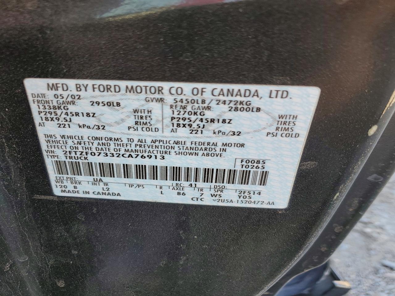 2002 FORD F150 VIN 2FTZF07332CA76913 photo 12