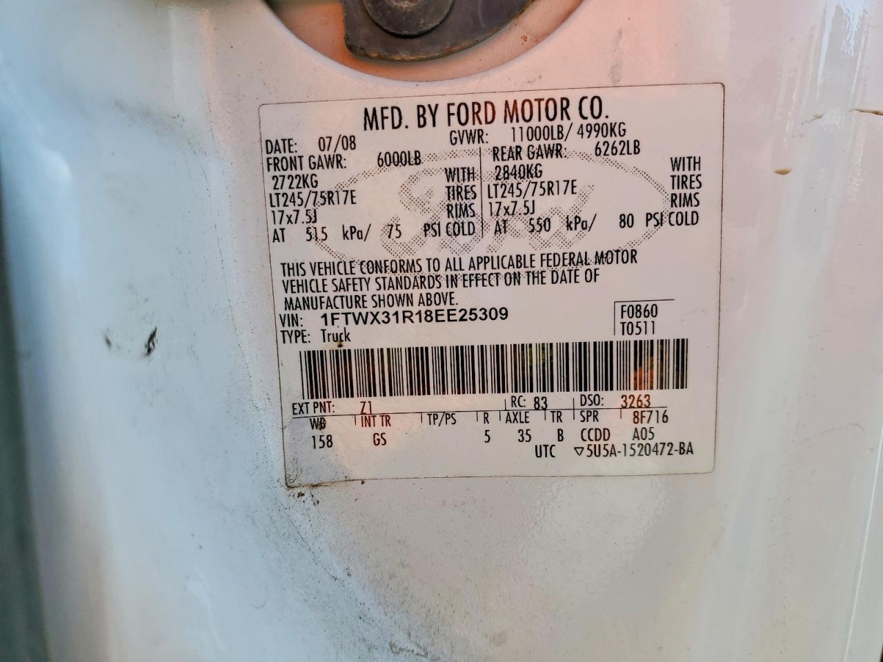 2008 Ford F350 VIN 1FTWX31R18EE25309 photo 12