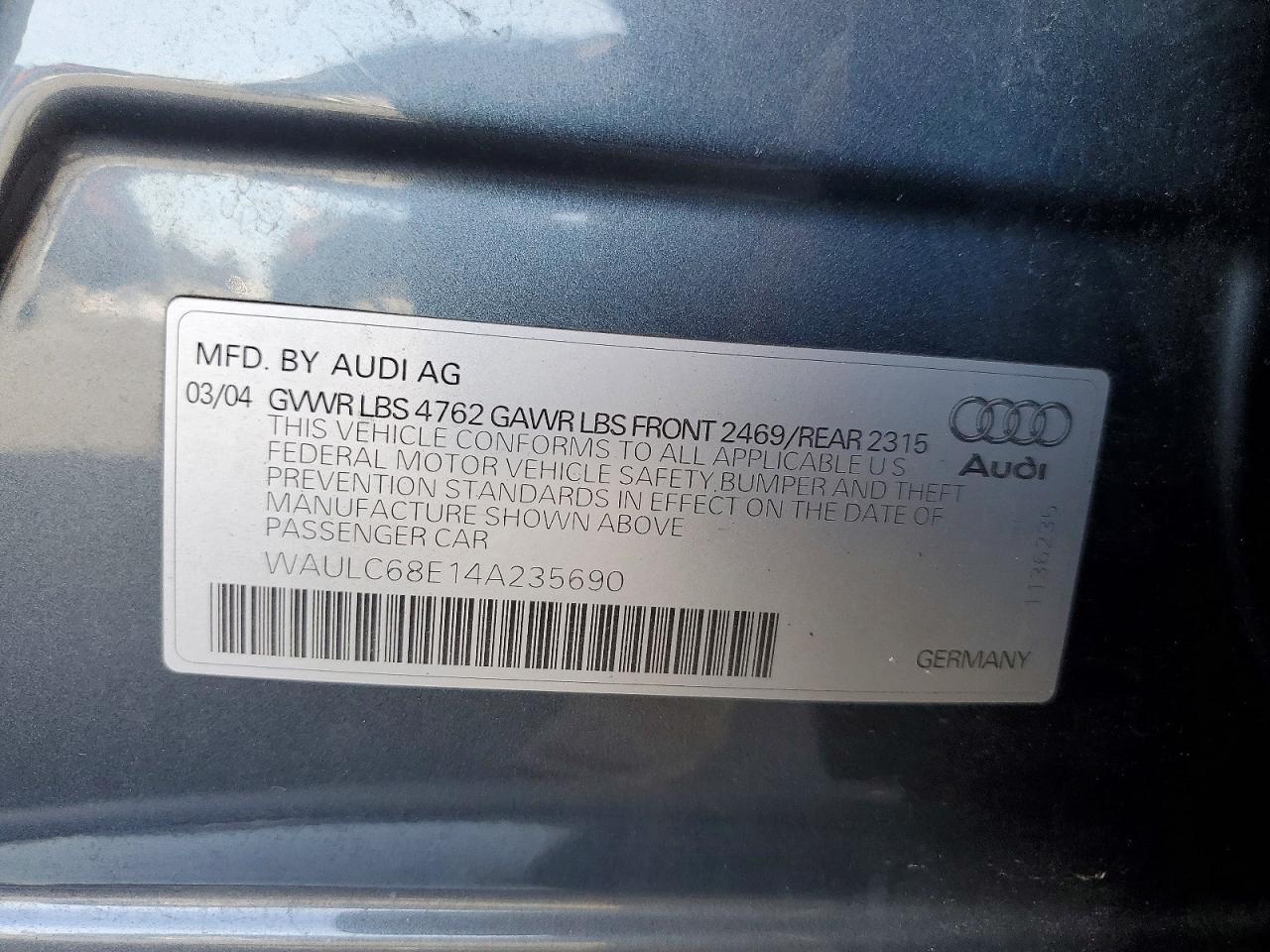 2004 Audi A4 VIN WAULC68E14A235690 photo 12