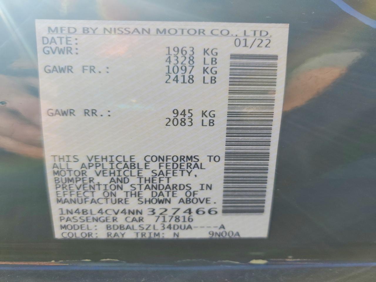 2022 Niss Altima VIN 1N4BL4CV4NN327466 photo 12