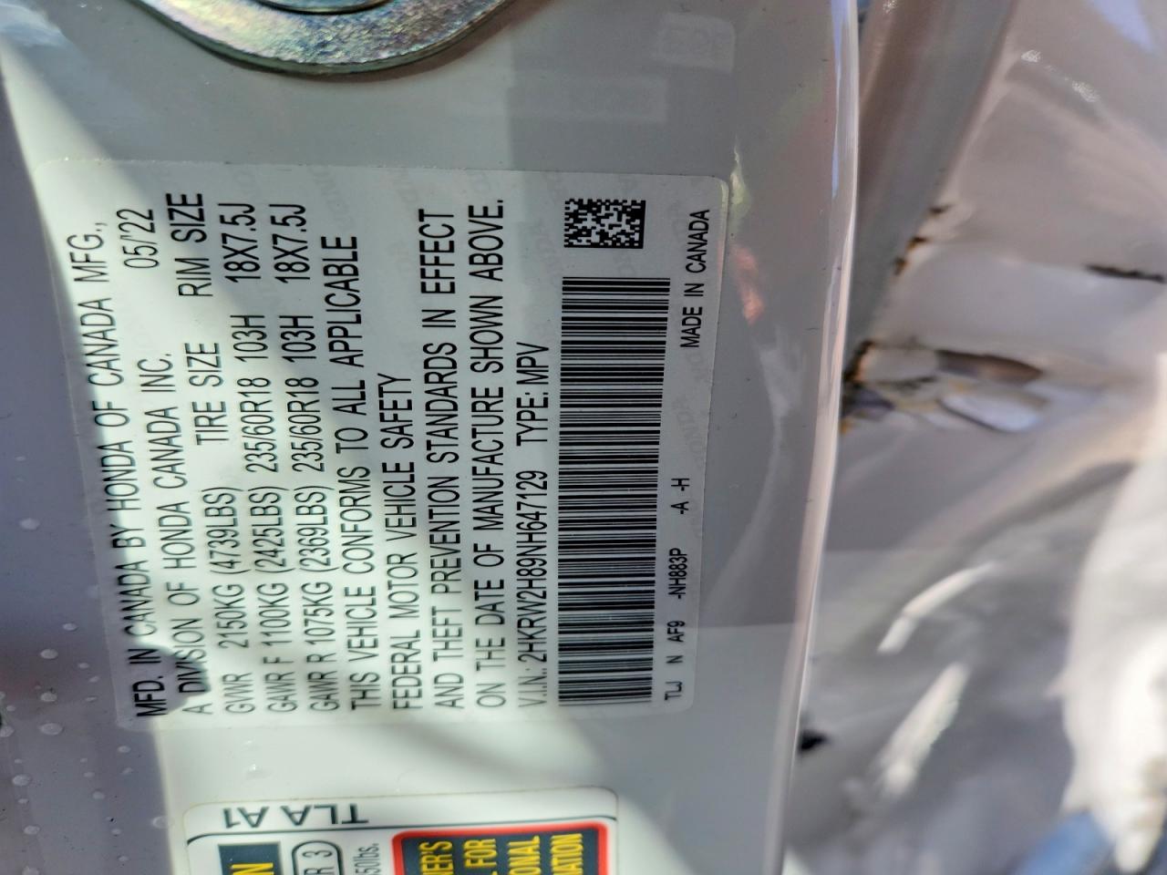 2022 Honda Crv VIN 2HKRW2H89NH647129 photo 12