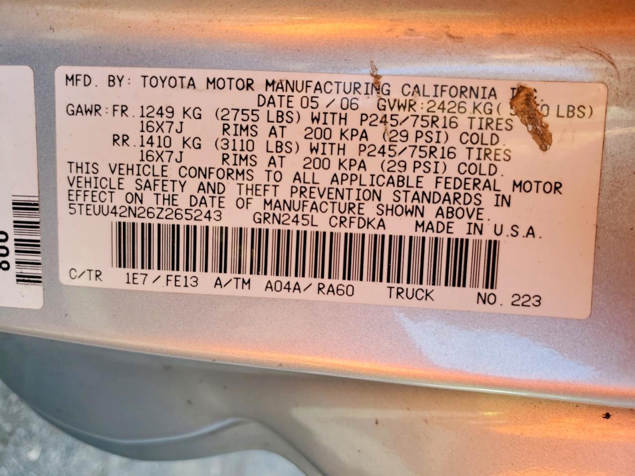 2006 Toyota Tacoma v6 VIN 5TEUU42N26Z265243 photo 12