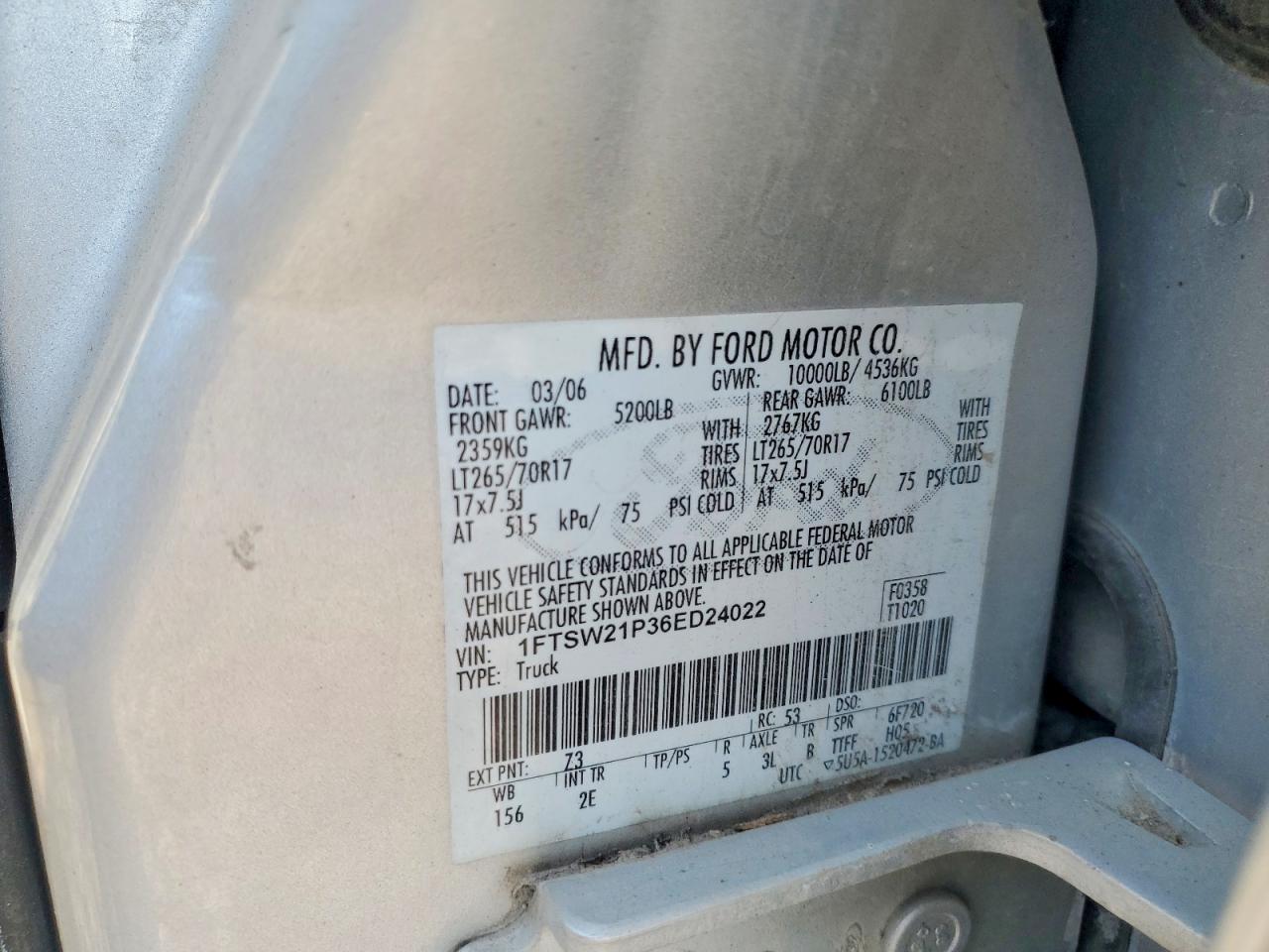 2006 Ford F250 VIN 1FTSW21P36ED24022 photo 12