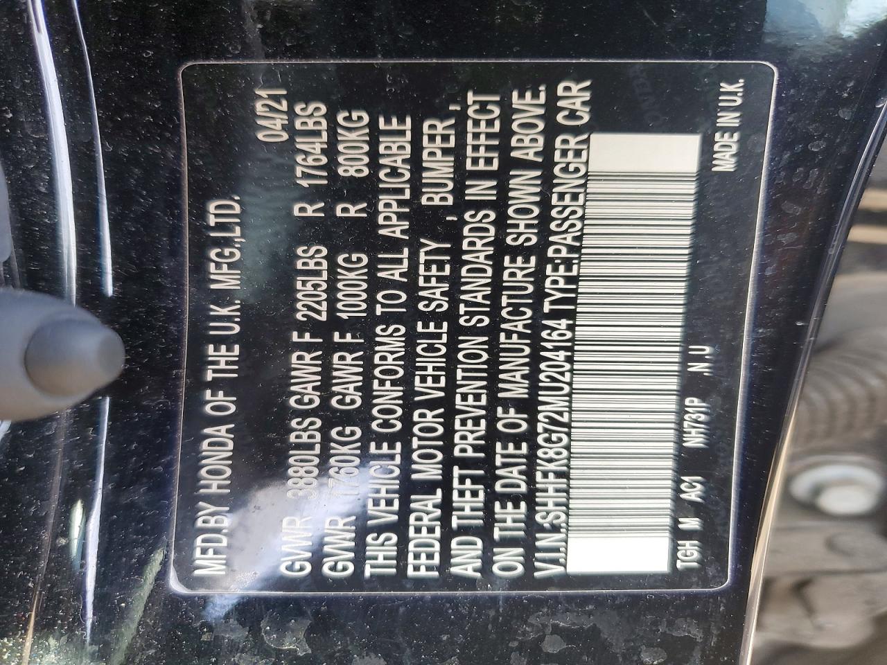2021 Honda Civic VIN SHHFK8G72MU204164 photo 12