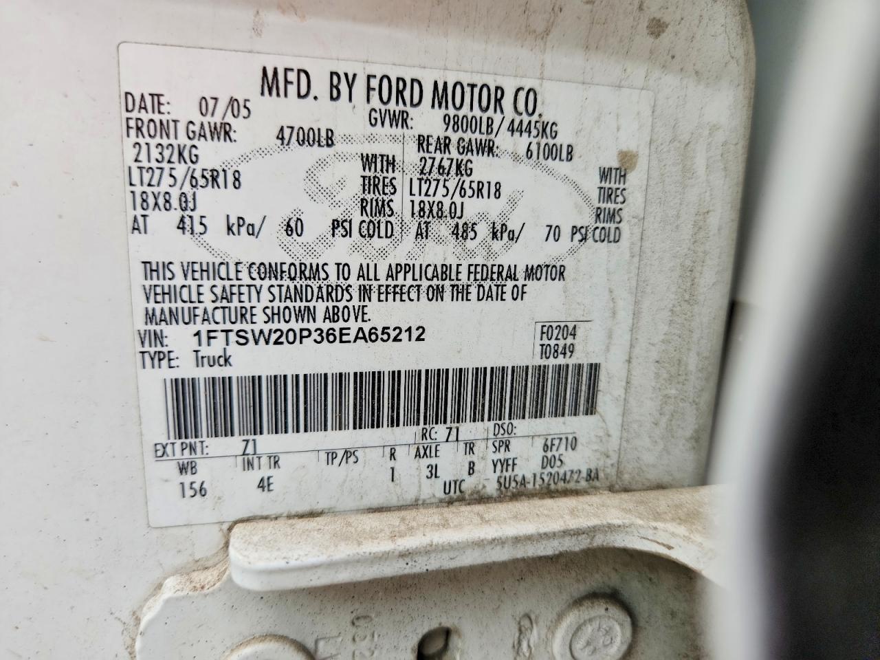 2006 Ford F250 VIN 1FTSW20P36EA65212 photo 12