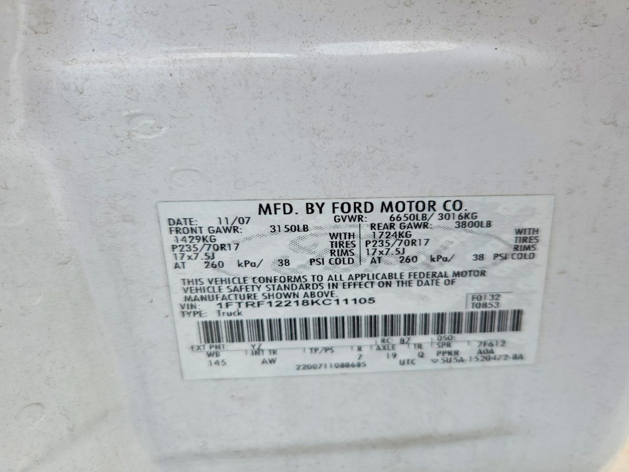 2008 Ford F150 VIN 1FTRF12218KC11105 photo 12