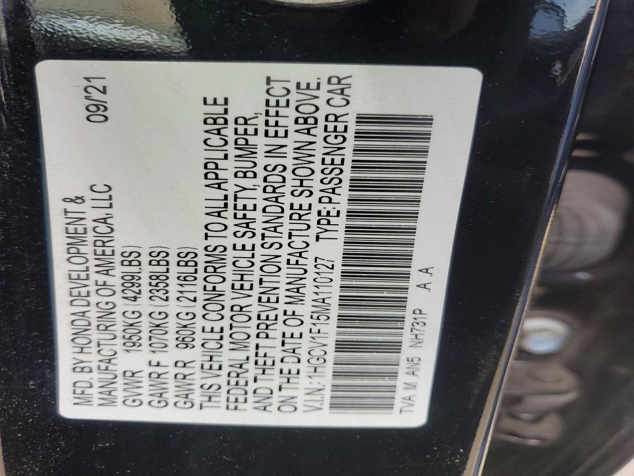2021 Honda Accord VIN 1HGCV1F15MA110127 photo 12