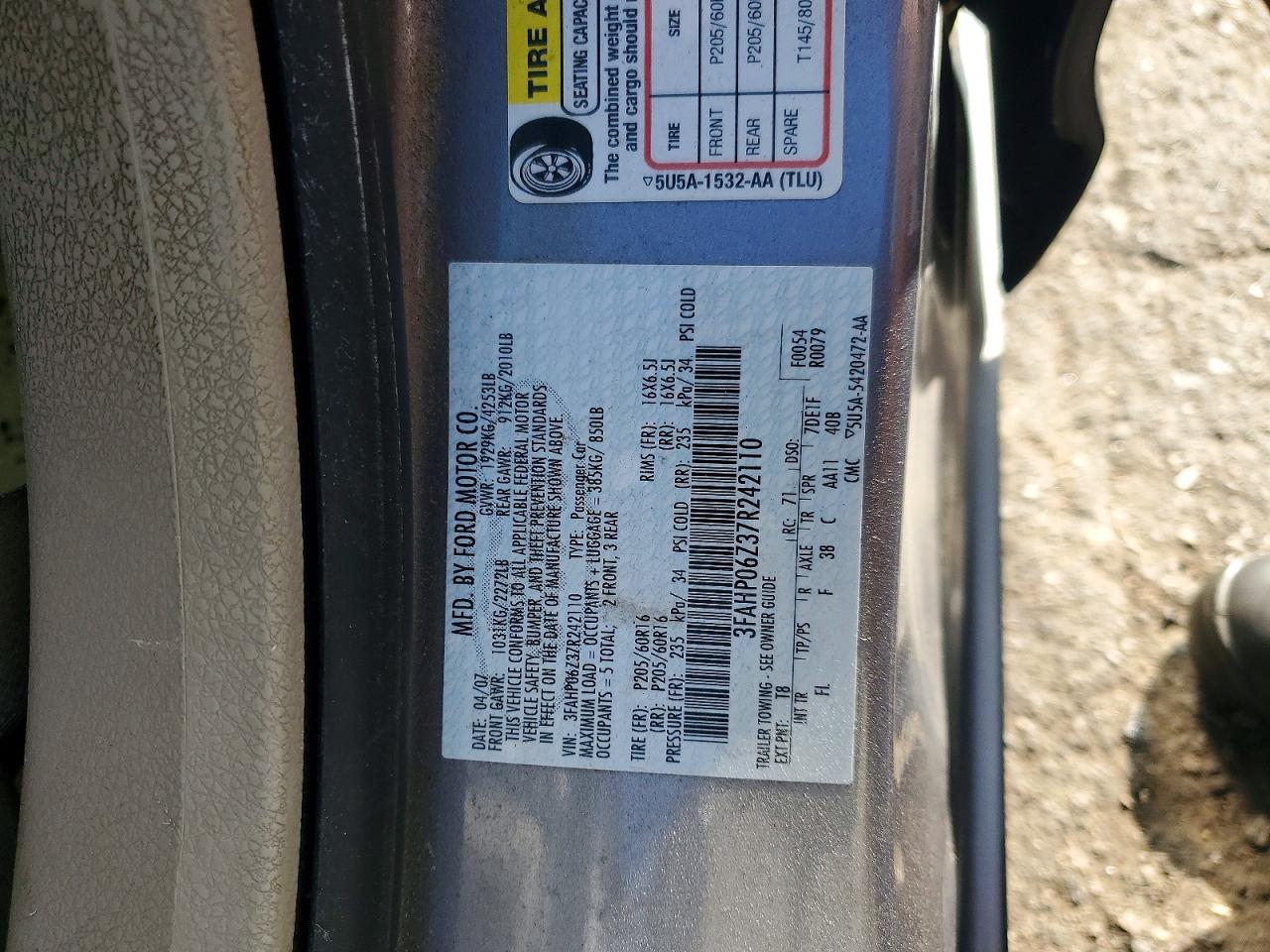 2007 Ford Fusion VIN 3FAHP06Z37R242110 photo 12