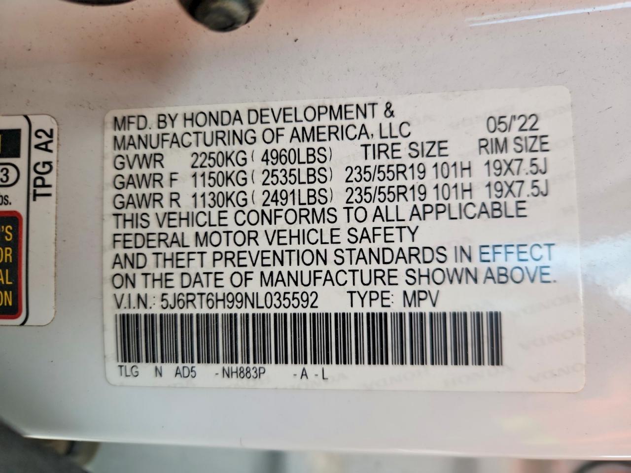2022 Honda Crv VIN 5J6RT6H99NL035592 photo 12