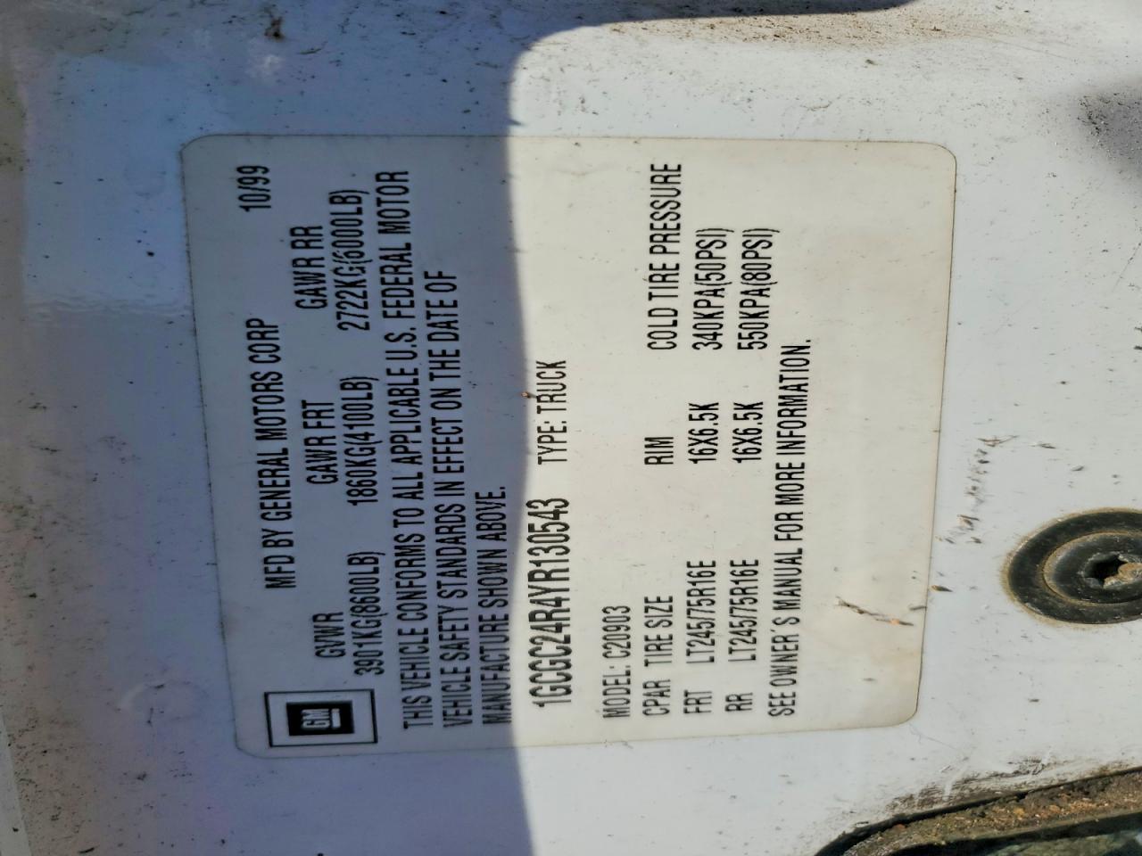 2000 Chev Gmt VIN 1GCGC24R4YR130543 photo 12