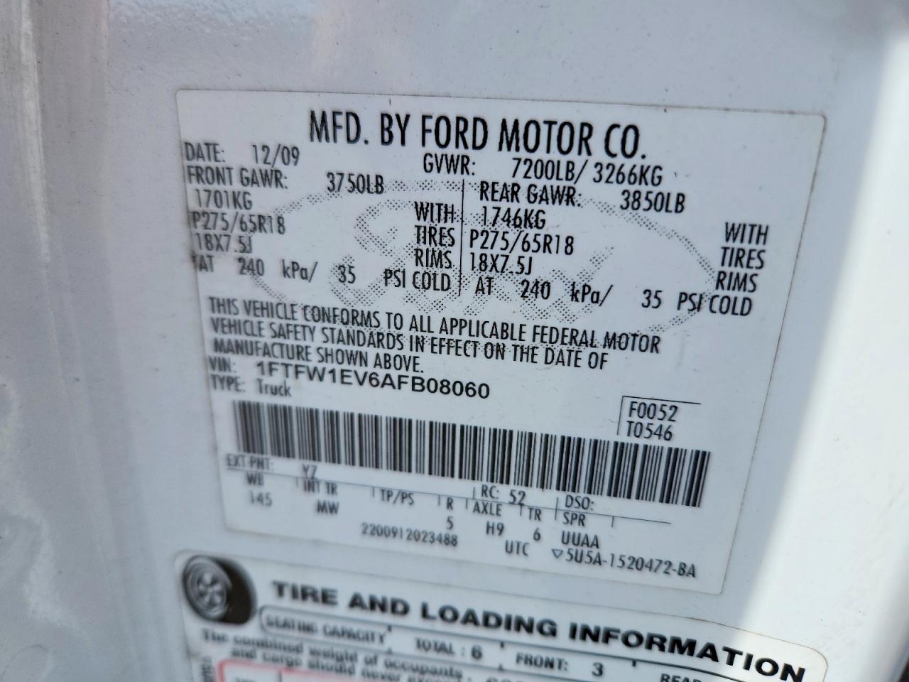 2010 Ford F150 VIN 1FTFW1EV6AFB08060 photo 12