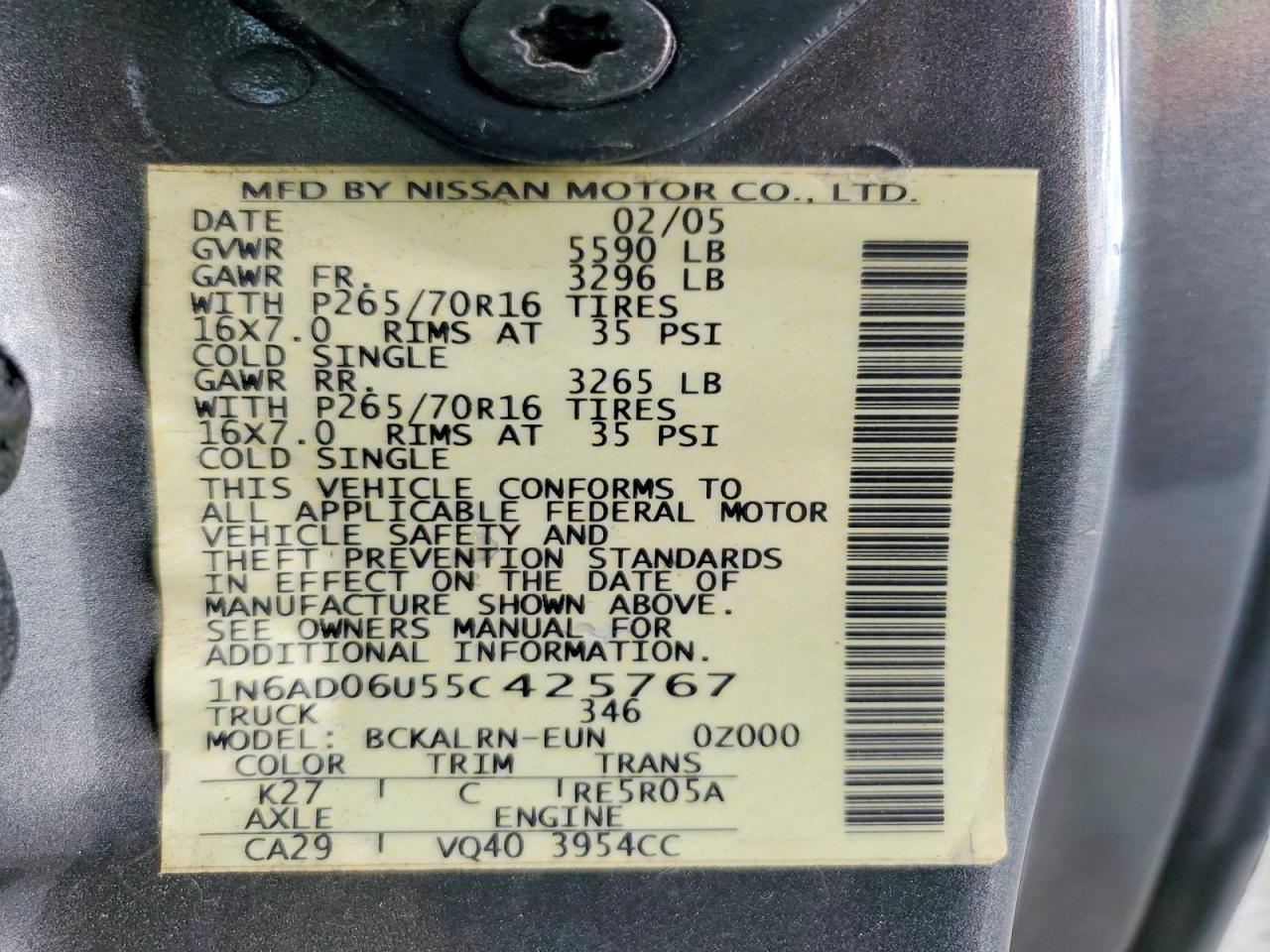 2005 Nissan Frontier VIN 1N6AD06U55C425767 photo 12