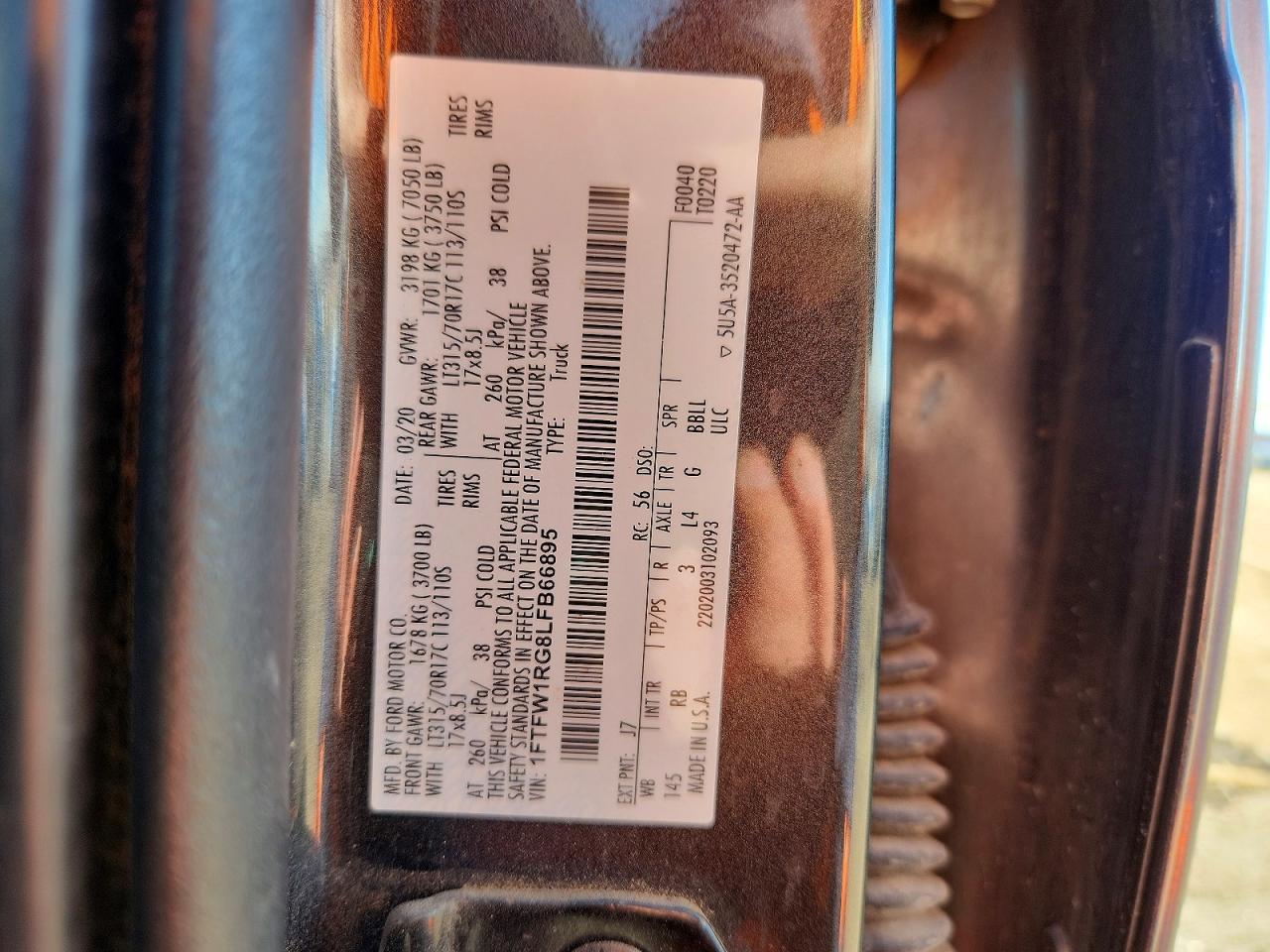 2020 FORD F150 VIN 1FTFW1RG8LFB66895 photo 12