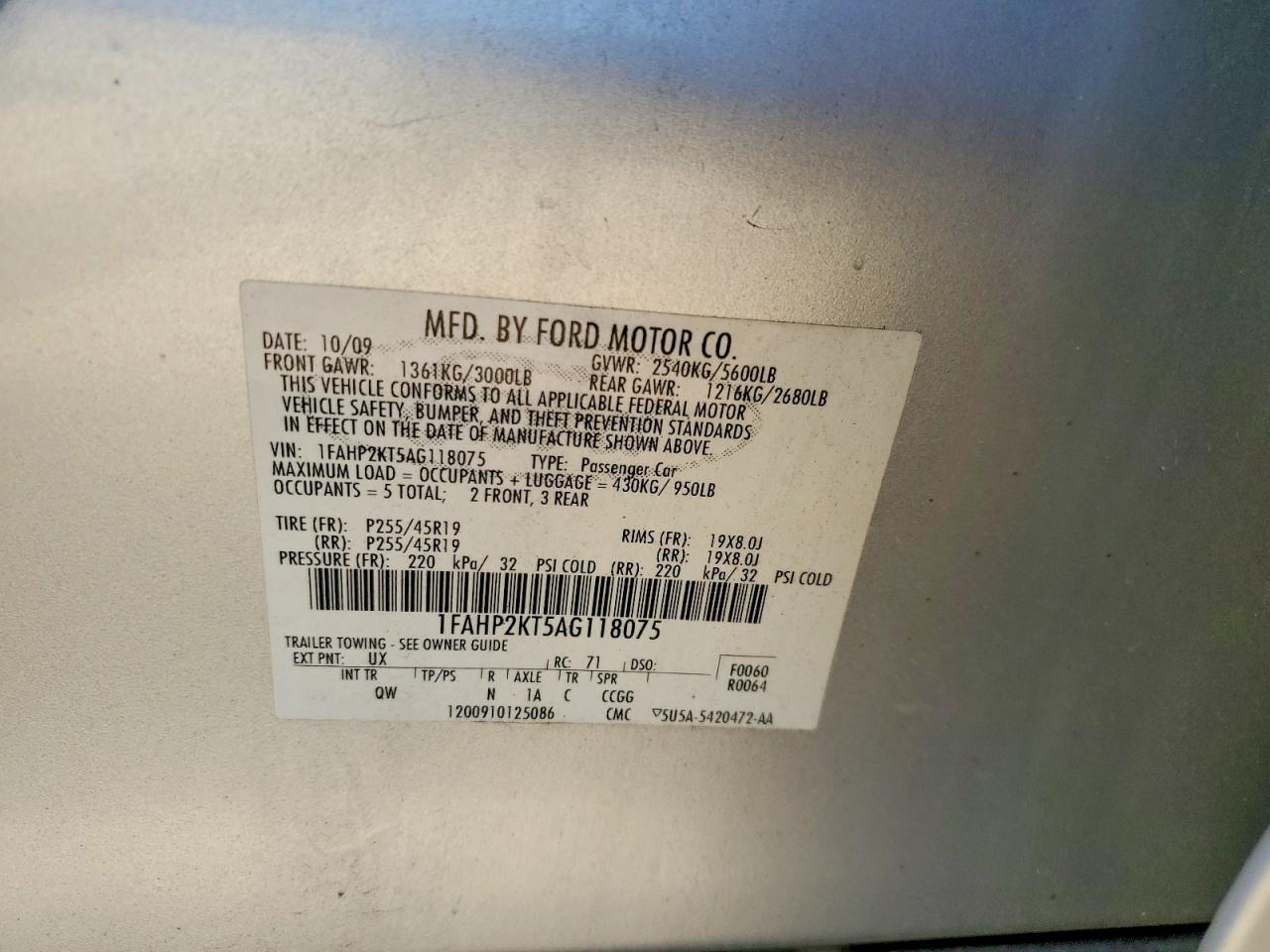 2010 Ford Taurus VIN 1FAHP2KT5AG118075 photo 12