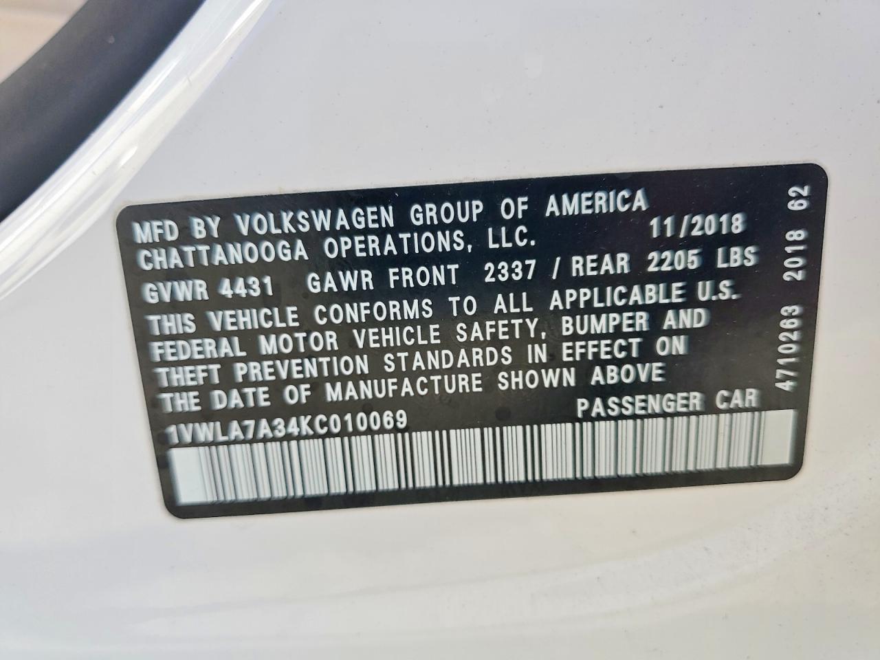 2019 VOLKSWAGEN Passat VIN 1VWLA7A34KC010069 photo 12