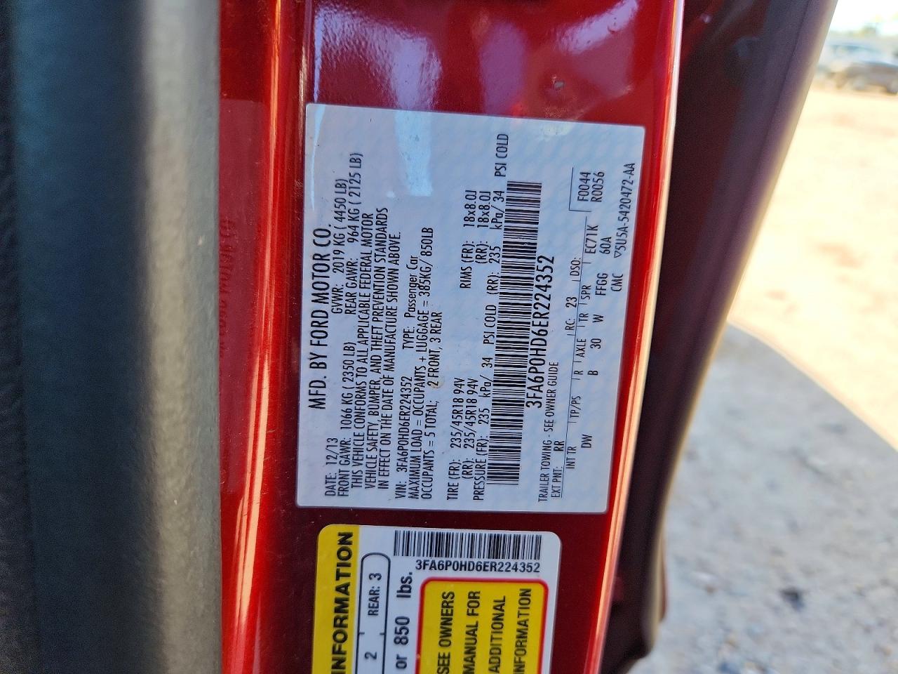 2014 FORD Fusion VIN 3FA6P0HD6ER224352 photo 12