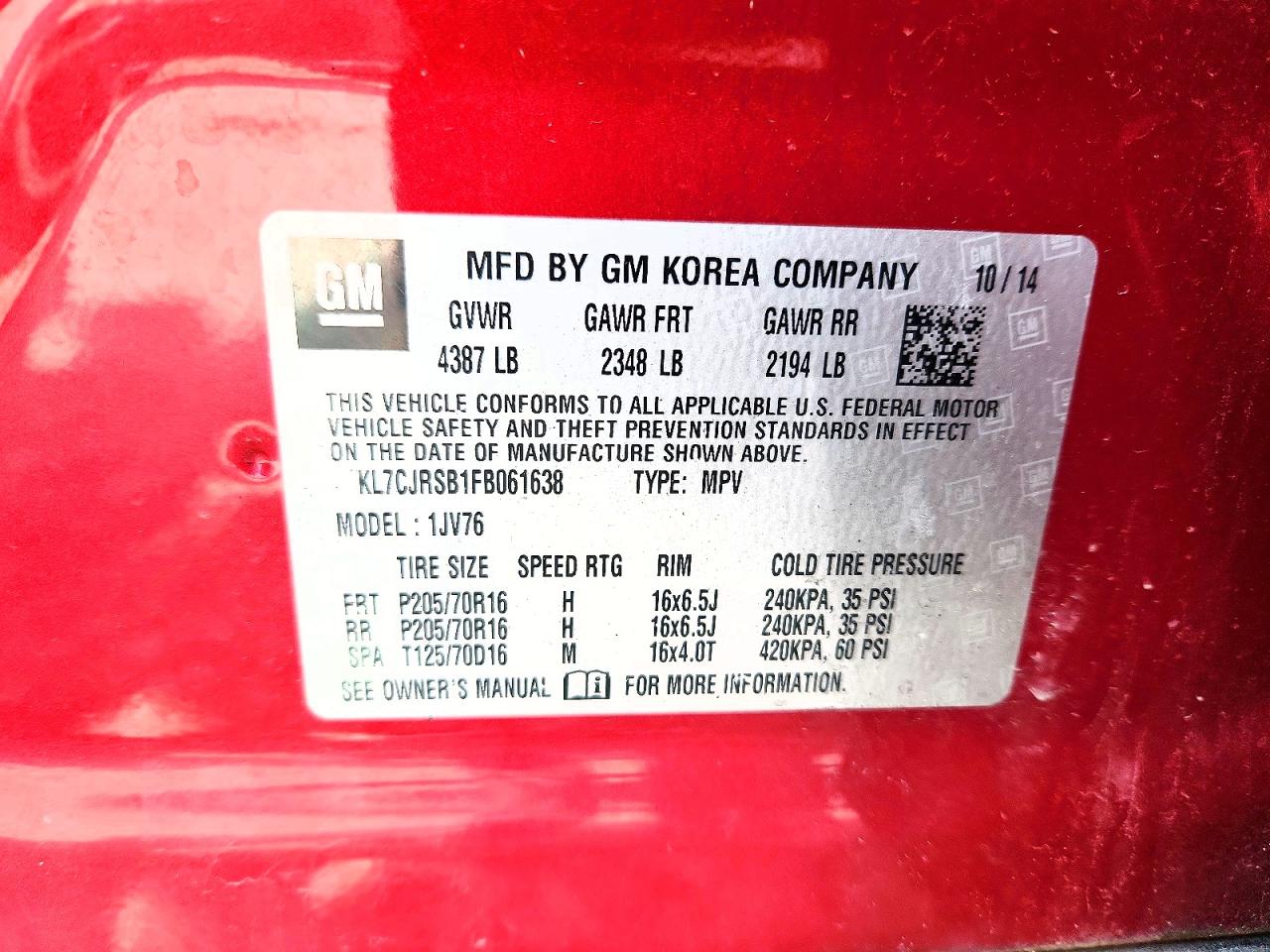 2015 Chevrolet Trax VIN KL7CJRSB1FB061638 photo 12