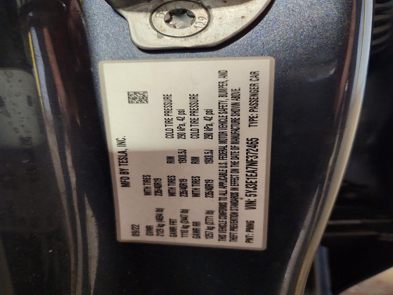 2022 Tesla Model 3 VIN 5YJ3E1EA7NF372465 photo 12